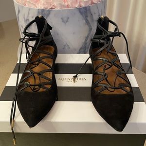 Aquazurra Firenze Lace-Up Black Suede pointed toe flats